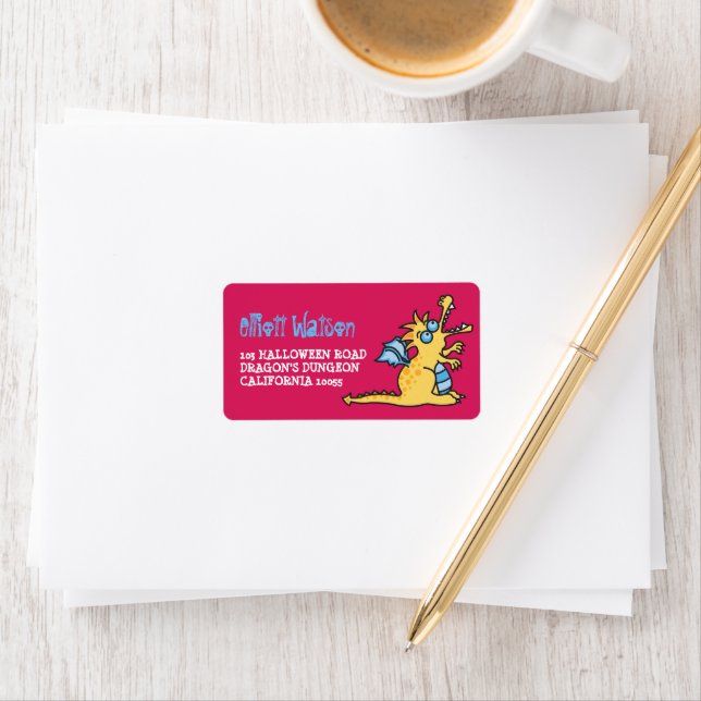 Étiquette Cartoon Yellow Magagon Dragon Kid Halloween Adress (En situation)