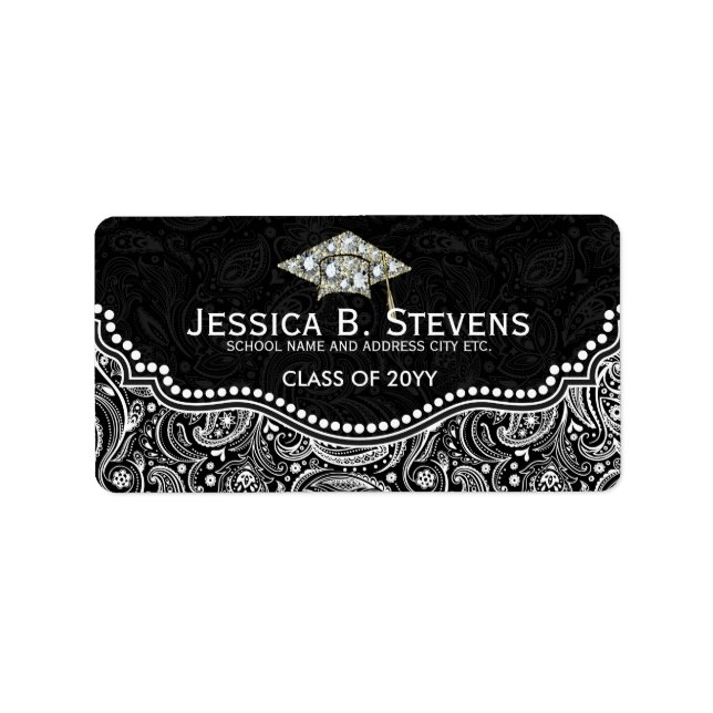 Étiquette Casquette de graduation de la marmite florale noir (Devant)