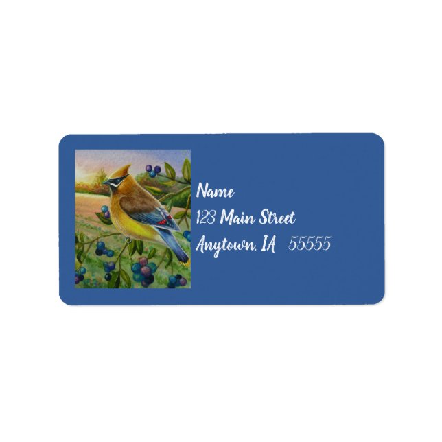 Étiquette Cèdre cire Oiseau Blueberry Farm Aquarelle Art (Devant)