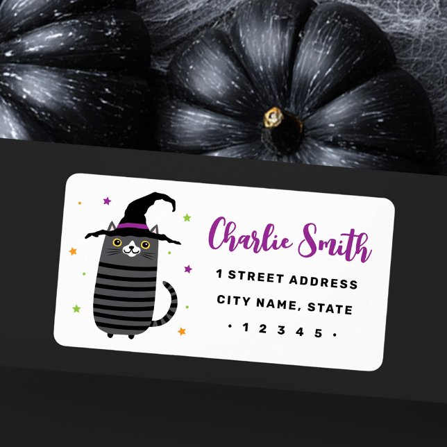 Étiquette Chat avec casquette sorcier mignon adresse de reto (Cat with witch hat cute Halloween return address Label)