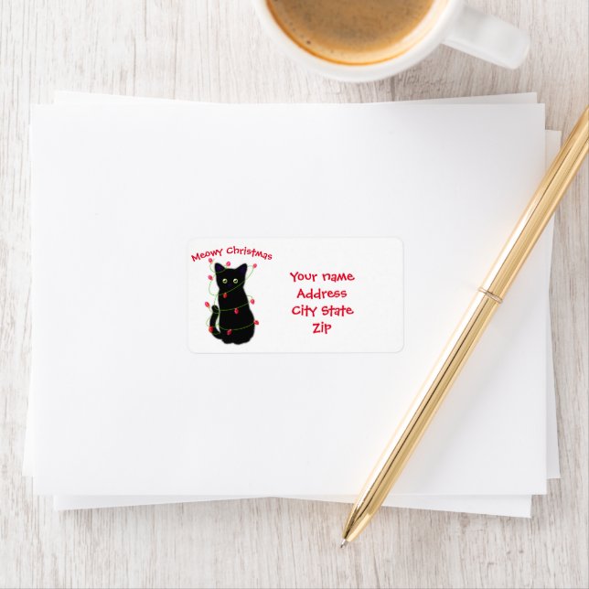 Étiquette chat noir | Meowy Christmas | lumières scintillant (En situation)