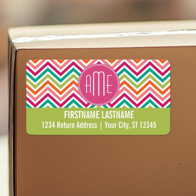 Étiquette Chaud rose Turquoise Orange Chevrons Personnalisé  (Personalized return address label)