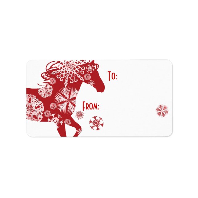 Étiquette Cheval de Noël aux flocons rouges et blancs (Devant)