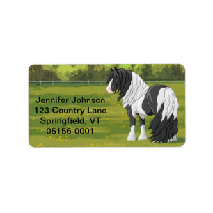 Étiquette Cheval d'équipage du Pinto noir Piebald Gypsy Vann