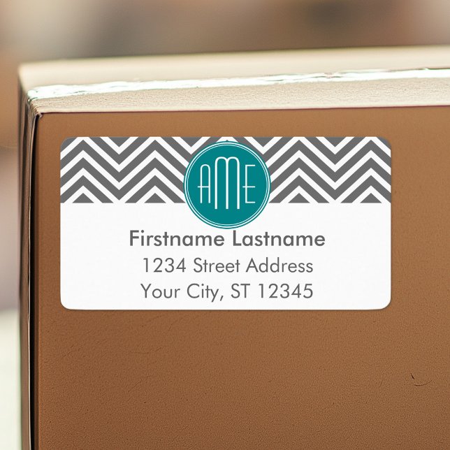 Étiquette Chevrons turquoises au charbon de bois Monogramme  (Personalized return address label)