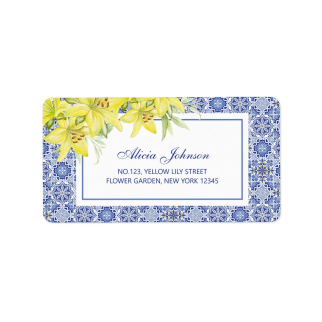 Étiquette Chic Bleu Portugais Azulejo Yellow Lily Adresse (Devant)