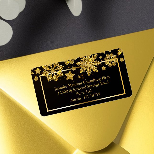Étiquette Chic Christmas Snowflake Black Gold Adresse de ret (Créateur téléchargé)