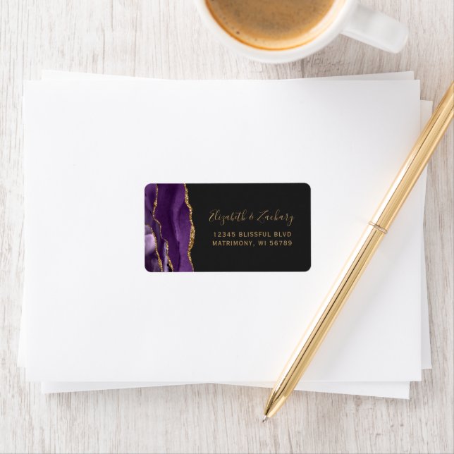 Étiquette Chic Purple Gold Dark Wedding RSVP Self-Address (En situation)
