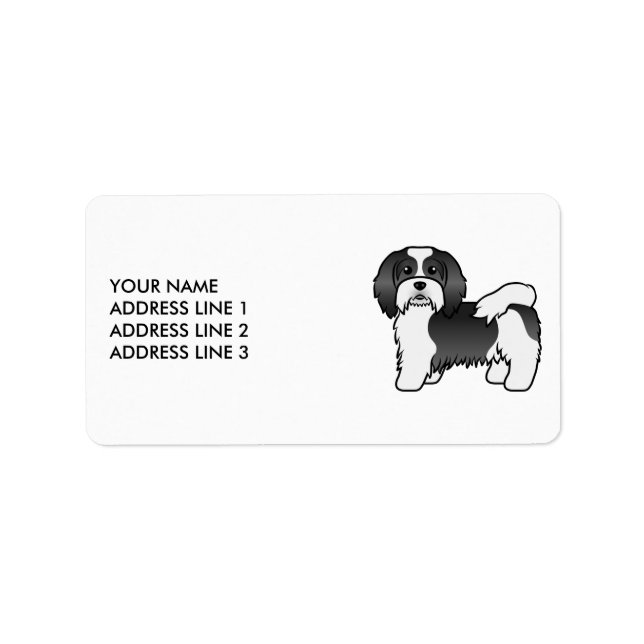 Étiquette Chien de caricature Havanais noir et blanc et text (Devant)
