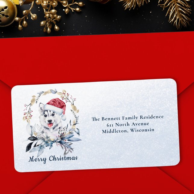 Étiquette Chien Husky avec Chapeau de Père Noël Adresse de N (Créateur téléchargé)