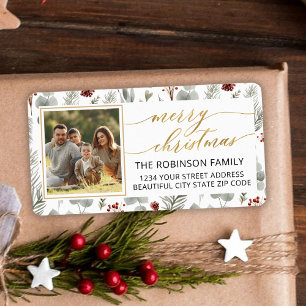 Étiquette Christmas Folift Gold Script Photo Retour Adresse