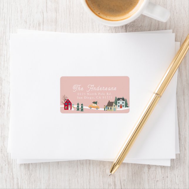 Étiquette Christmas Holiday Town/Village Pink Adresse (En situation)