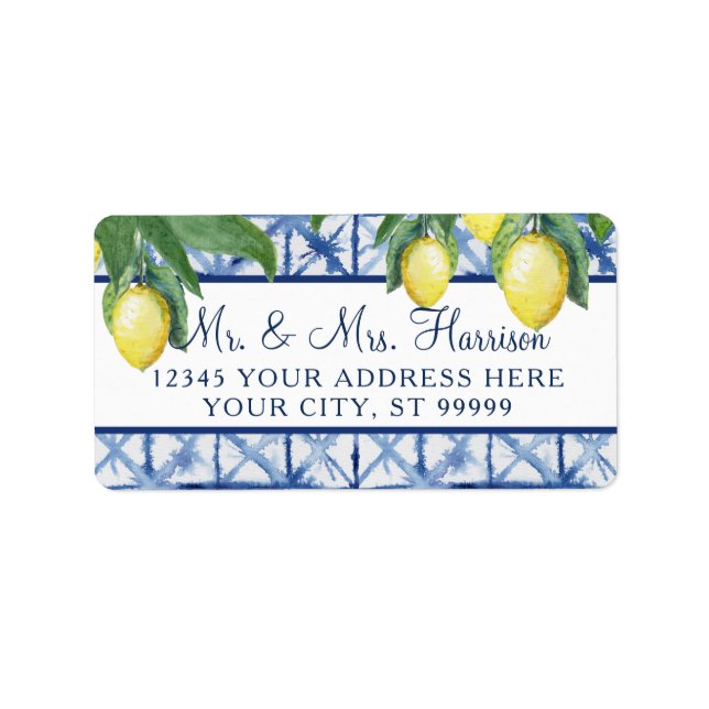 Étiquette Citrons Citrus Feuillage Bleu Blanc Jaune Mariage (Devant)