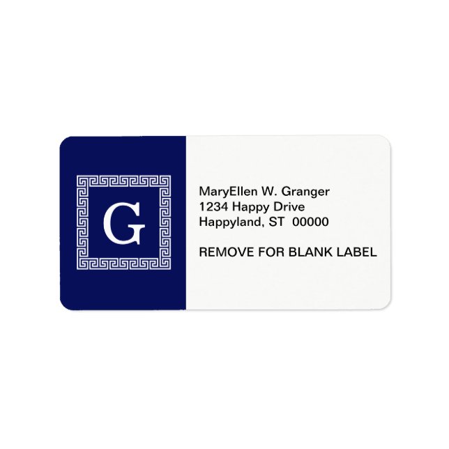 Étiquette Clé grecque blanche bleue marine #1 Monogramme enc (Devant)