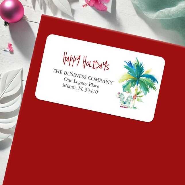 Étiquette Coastal Business Christmas Retourner l'adresse Lab (Tropical Christmas return address labels watercolor palm tree art by Victoria Grigaliunas)