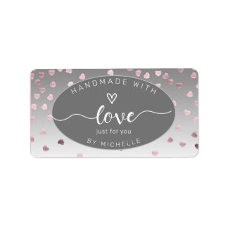 Étiquette Coeurs roses fait main avec l'amour carré monogram