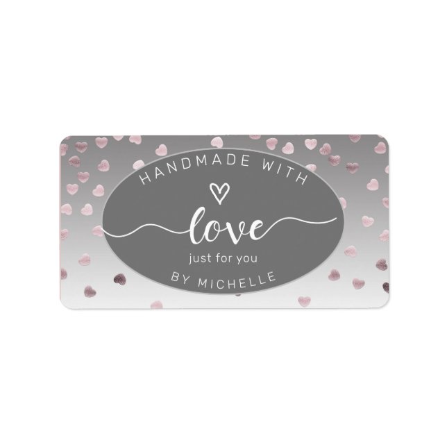 Étiquette Coeurs roses fait main avec l'amour carré monogram (Devant)