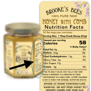 Étiquette Comb Honey valeur nutritive Avertissement pour nou