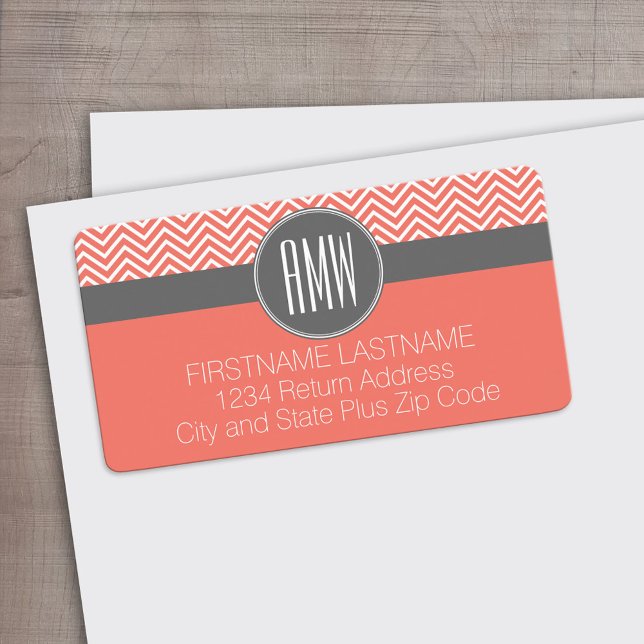 Étiquette Corail Pêche Gris Chevrons Personnalisé Triple Mon (Custom Address Label)