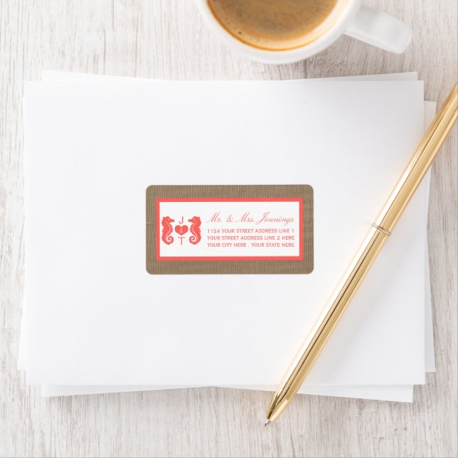 Étiquette Coral Seahorse Burlap Beach Wedding Collection (En situation)