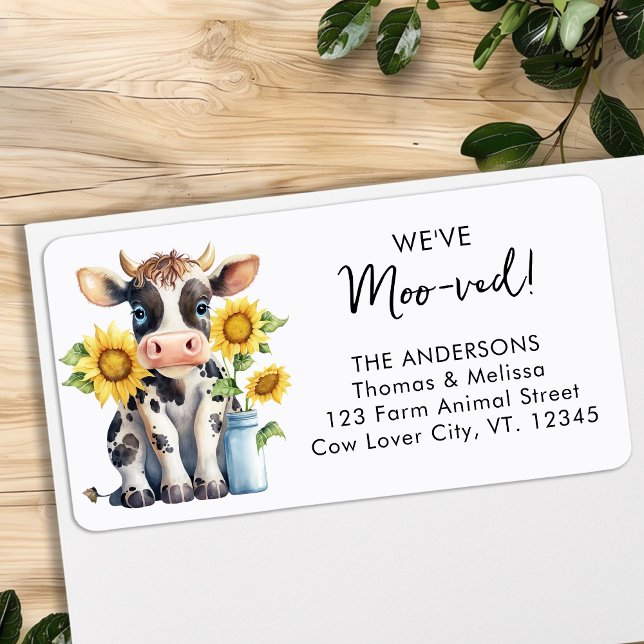 Étiquette Coucou Cow Sunflowers Nous avons Moo-ved Moving Ad (Créateur téléchargé)