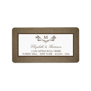 Étiquette Country Rustic Monogramme Branche & Mariage Burlap