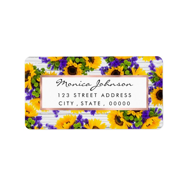 Étiquette Country Rustic White Wood Purple Yellow Sunflower (Devant)
