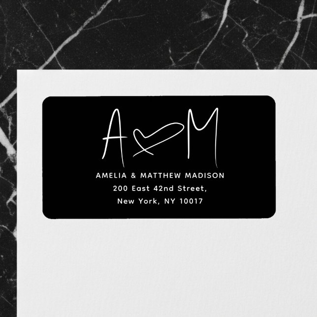 Étiquette Couple Monogram Heart Black Return Address (Créateur téléchargé)