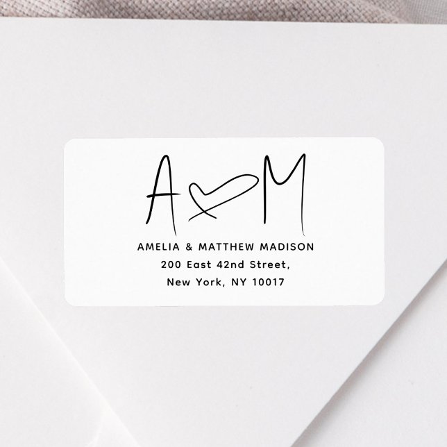 Étiquette Couple Monogram Heart White Return Address (Créateur téléchargé)