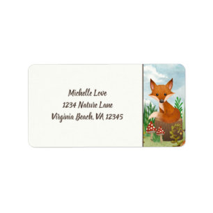 Étiquette Cute Fox Sitting on Stump Woodland Address