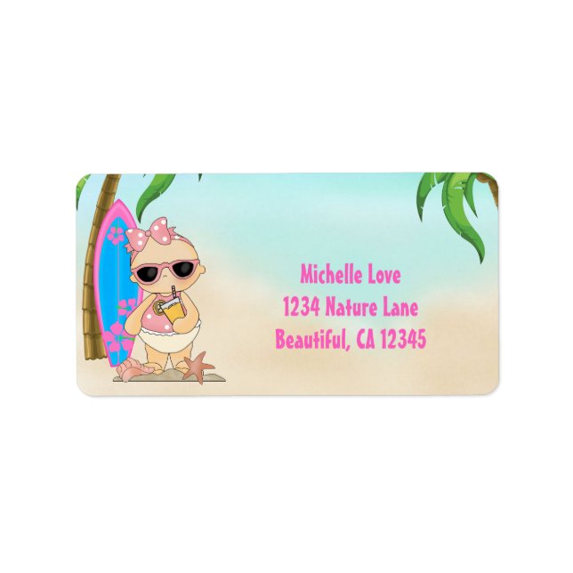Étiquette Cute Girl Beach Baby n Surfboard Adresse tropicale (Devant)