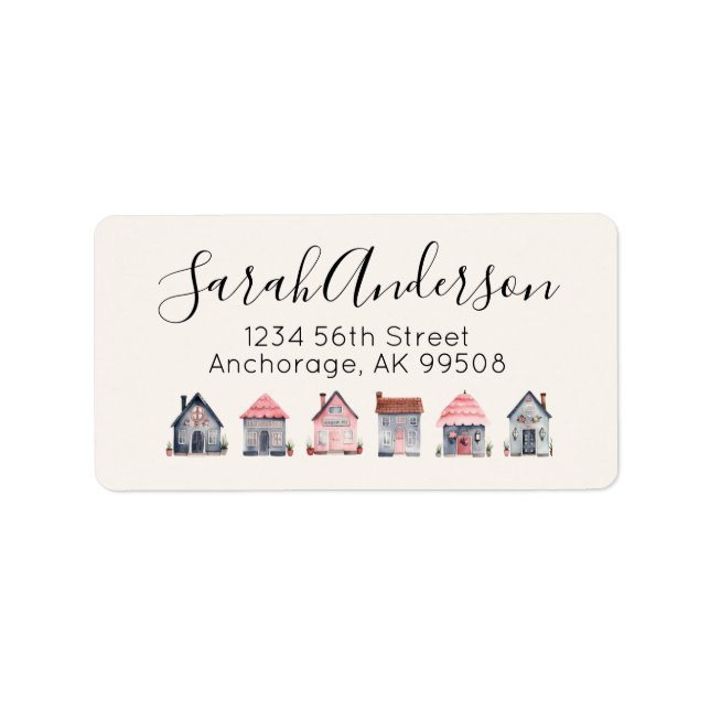 Étiquette Cute Immobilier Aquarelle Maisons Retour Adresse (Devant)