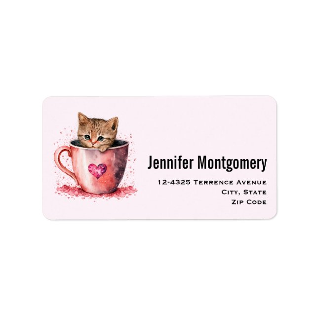 Étiquette Cute Kitten dans un Teacup avec coeur Adresse (Devant)