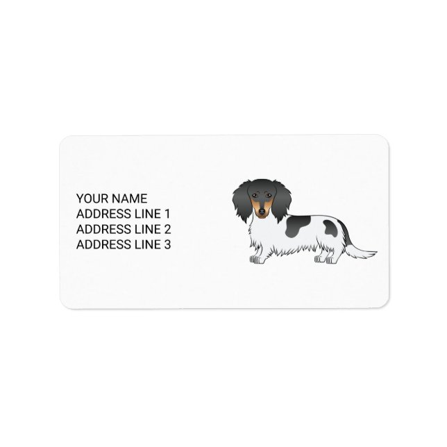 Étiquette Dachshund à poil long piebalde noir et feu & Texte (Devant)