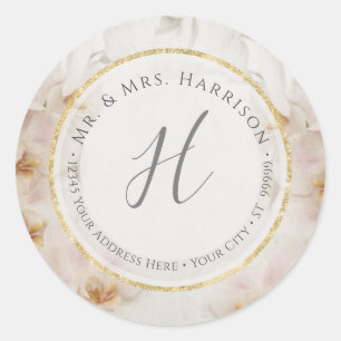 Étiquette d'adresse à paillettes dorées à motif fl