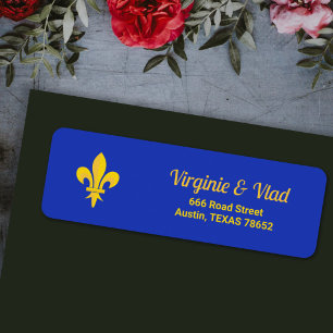 Étiquette d'adresse bleu roi avec Fleur de Lys Or