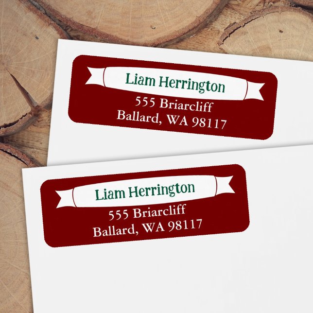 Étiquette d'adresse bordeaux et verte avec bannièr (green and burgundy red return address labels for invitations and announcements)