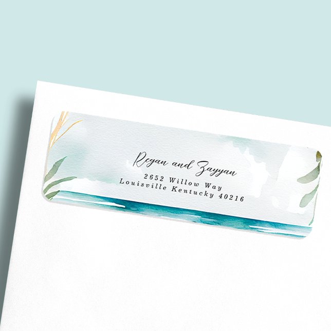Étiquette d'adresse de mariage de scène de plage à (Créateur téléchargé)