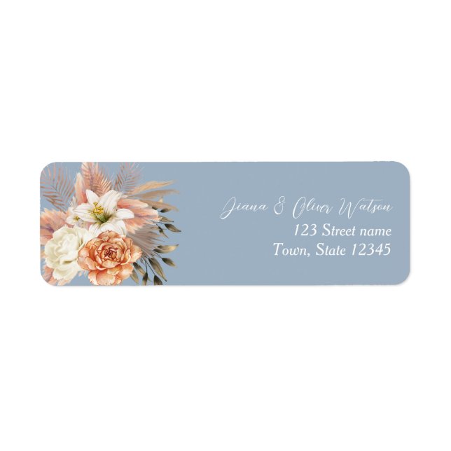 Étiquette d'adresse de mariage florale bleu poussi (Devant)