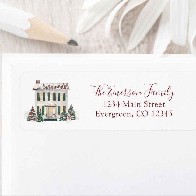 Étiquette d'adresse de retour (Watercolor Christmas Colonial House Personalized Return Address Label by Painted Paperie
)