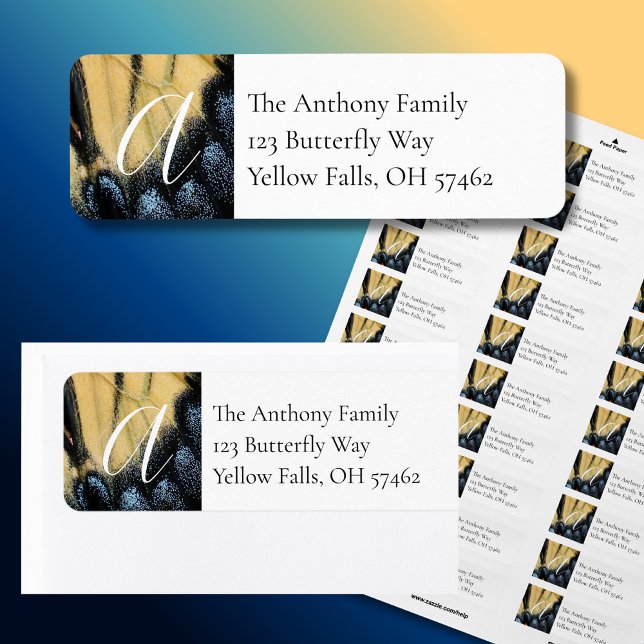 Étiquette d'adresse de retour bleu et jaune papill (A butterfly wing pattern in blue and yellow make these unique address labels extra special.)