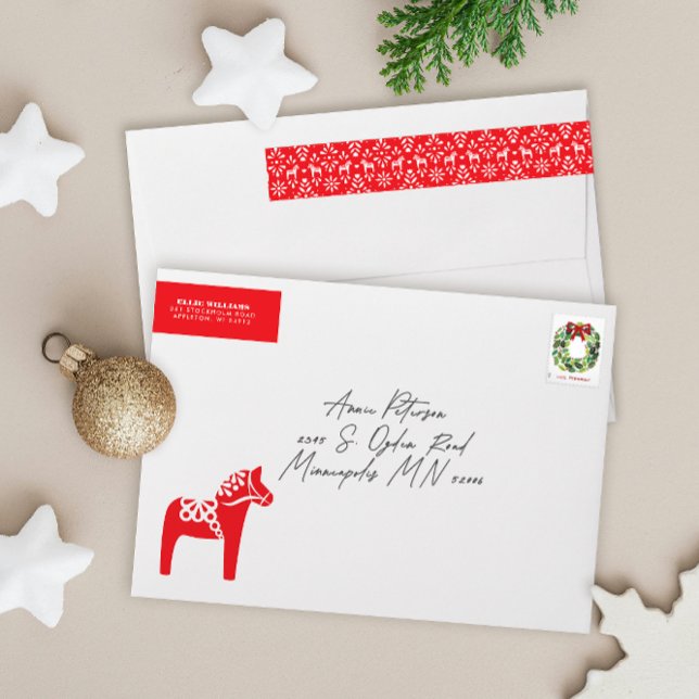 Étiquette d'adresse de retour Cheval Dala suédois  (red and white Dala horse themed Scandinavian folk art pattern wrap around return address label)