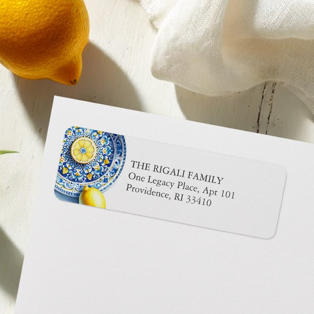 Étiquette d'adresse de retour chic citron méditerr (Lemon return address labels blue and yellow citrus watercolor)