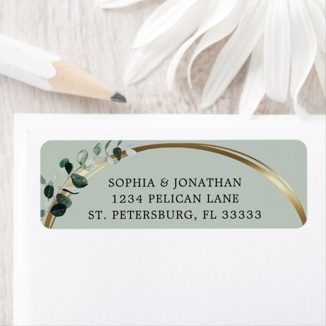 Étiquette d'adresse de retour de mariage Eucalyptu (En situation)