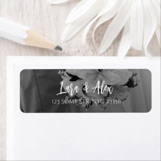 Étiquette d'adresse de retour de mariage noir et b