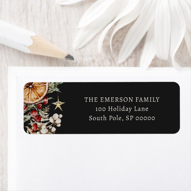 Étiquette d'adresse de retour de vacances Noir (Black Boho Rustic Holiday Return Address label
)