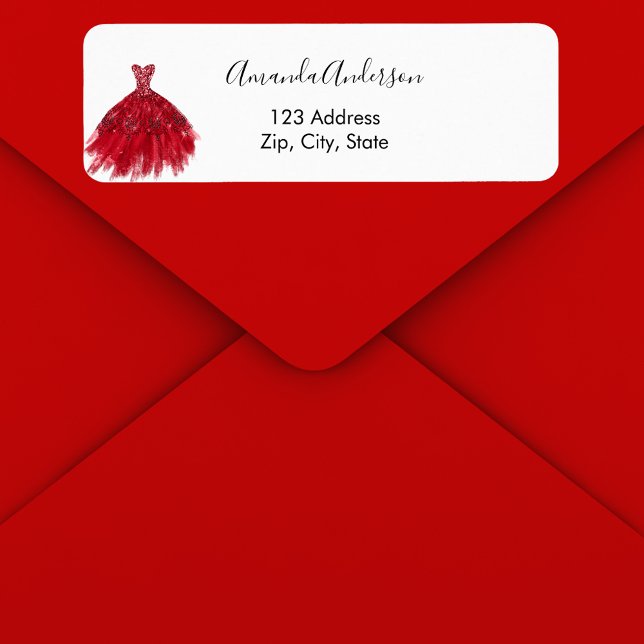 Étiquette d'adresse de retour élégante robe rouge  (Créateur téléchargé)