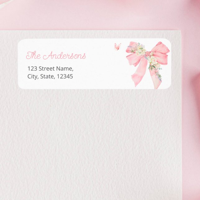 Étiquette d'adresse de retour florale à ruban rose (Créateur téléchargé)