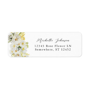 Étiquette d'adresse de retour florale blanche et j
