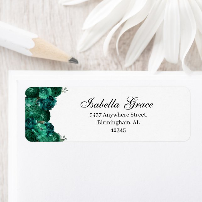 Étiquette d'adresse de retour florale Emerald Gree (En situation)